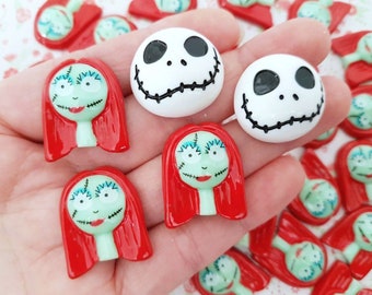 5/10 Jack and Sally Nightmare Before Christmas Flatback Resin Cabochon Decoden Craft Card Bow Charm Jewellery DIY UK (Hook/NO Hook)