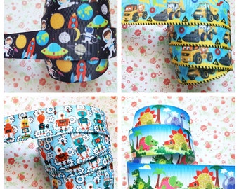 22/25mm (7/8" 1") Boys Planet Car Dinosaur Tractor Robot Rocket Grosgrain Ribbon Craft Dummy Clip Hair Bow Making Cake Dog Collar UK