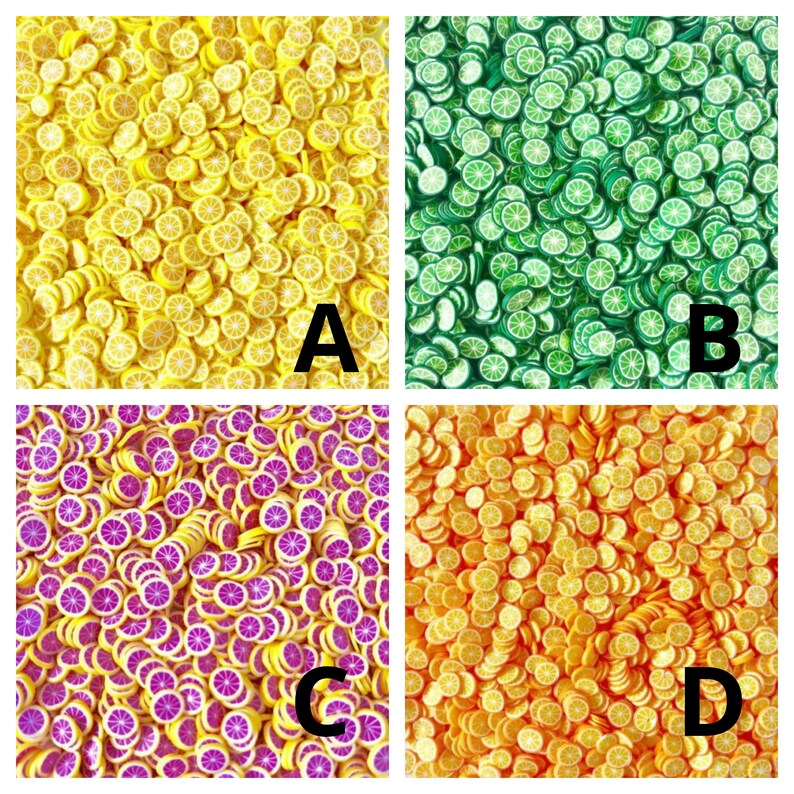 May include: Four different colors of lemon slice shaped resin charms. The colors are yellow, green, purple, and orange. The charms are arranged in a square pattern.