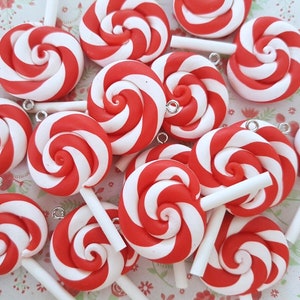 2/4 Quality Red White Christmas Swirly Candy Lollipop Sweet Polymer Clay Decoden Cabochon Crafts Charm DIY UK *NOT Edible*(Hook/No Hook)