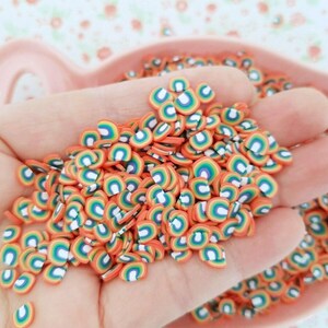 May include: A large pile of rainbow-colored, flat, round, polymer clay sprinkles. The sprinkles are shaped like half circles with a white center and rainbow stripes.