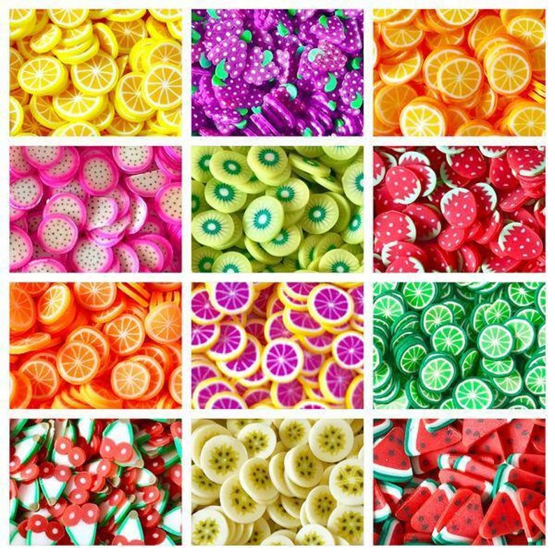 May include: Assortment of colorful fruit slices made of polymer clay. The slices include watermelon, kiwi, lemon, lime, banana, and strawberry.