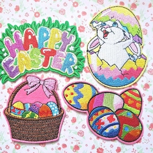1 x Happy Easter Egg Bunny Basket geborduurde patch Naai-/strijkpatch Badge Applique DIY-motief naaien Applique Kleding Badge.