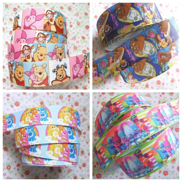 22/25/38mm (7/8 » 1 » 1.5 ») CARTOON Character Theme Kids Troll Pooh Care Bear Grosgrain Ribbon Craft Dummy Clip Hair Bow Cake Dog Collar UK