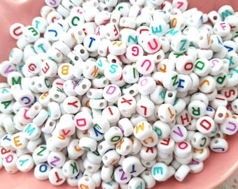 7x4mm Random MIX Alphabet Letter Beads Rainbow Colour on White Round Beads Charms Craft for Neclaces Bracelet Jewellery Making DIY UK