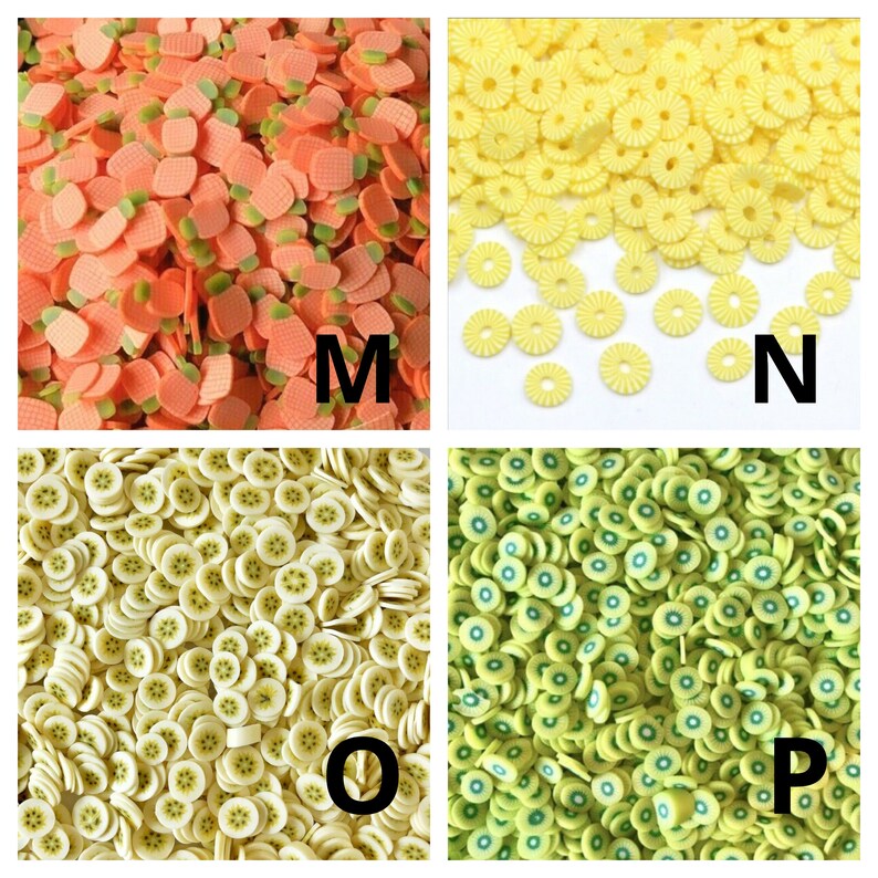 May include: Assortment of colorful fruit-shaped polymer clay charms. The charms are in the shape of pineapples, kiwi slices, and orange slices. The charms are perfect for adding a touch of whimsy to crafts and jewelry.