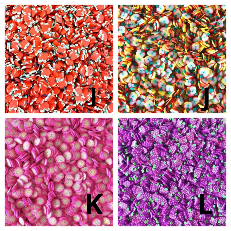 May include: Assortment of colorful fruit-shaped resin sprinkles for slime, resin, and other crafts. The sprinkles are in four different colors: red, yellow, pink, and purple. The sprinkles are shaped like apples, pineapples, and grapes.