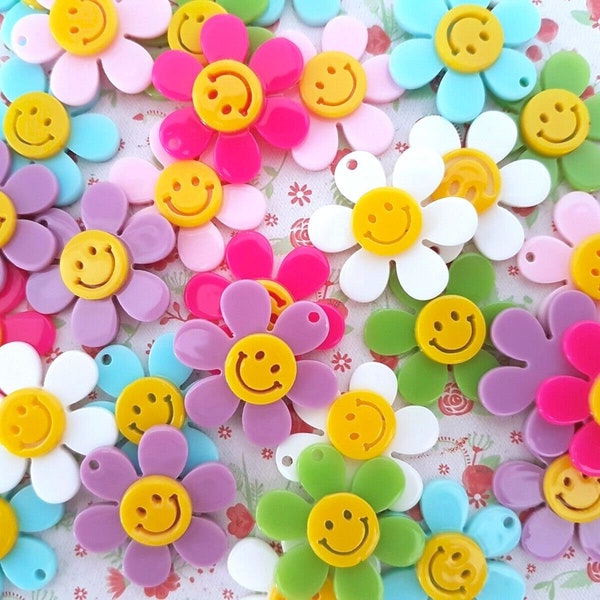 2/4/6 Assorted 30mm HOT Fashionable Happy Smiley Face Flower Bright Glitter Pastel Acrylic Pendants Earrings Charms Crafts Jewellery DIY UK