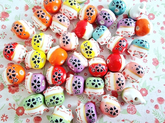 5/10 Cute Fortune Lucky Cat Maneki-neko Ceramic Porcelain Beads Spacer Bracelet Earrings Japanese Jewellery Findings  CRAFT UK