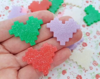 3/5 Glitter Pixel Heart Flatback Resin Cabochon Embellishment Decoden Craft Card Bow Charm Jewellery DIY UK