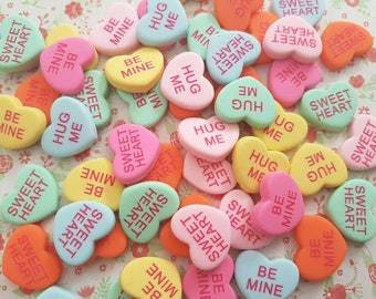 5/10/20/50 Assorted Cute Conversation Love Heart Candy Resin Charm Flatback Valentine Kawaii Craft Jewellery DIY *NOT Edible* (Hook/NO Hook)