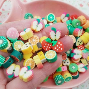 50/100pcs x 10mm Quality Assorted Fruits Hearts Flowers Butterfly Beads Polymer Clay Bracelet Jewellery CRAFT UK *NOT Edible*