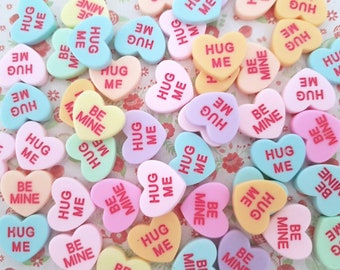 5/10 Assorted Cute Pastel Conversation Heart Hug Me Candy Resin Charm Flatback Kawaii Craft Jewellery DIY *NOT Edible* ( Hook/NO Hook)