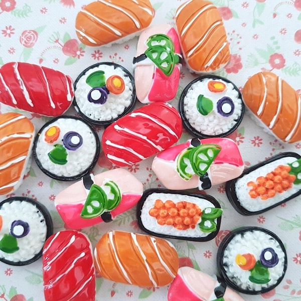 5/10 Assortiment Sushi Cuisine Japonaise Nourriture Résine Charmes Flatback Cabochon Décodé Slime Craft Card Bow Bijoux DIY UK (Hook / NO Hook))