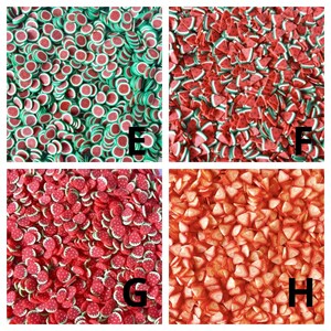 May include: Four close-up images of colorful fruit-shaped polymer clay sprinkles. The first image shows red and green watermelon slices. The second image shows red and green watermelon wedges. The third image shows red strawberry slices. The fourth image shows orange strawberry wedges.