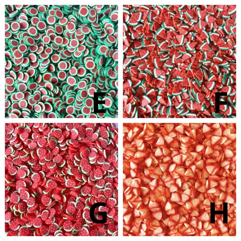 May include: Four close-up images of colorful fruit-shaped polymer clay sprinkles. The first image shows red and green watermelon slices. The second image shows red and green watermelon wedges. The third image shows red strawberry slices. The fourth image shows orange strawberry wedges.
