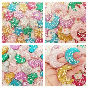 5/10 Assorted Kawaii Sparkly Glitter Star Heart Moon Cabochon Decoden Embellishment Crafts Charms Pendants Jewellery DIY UK