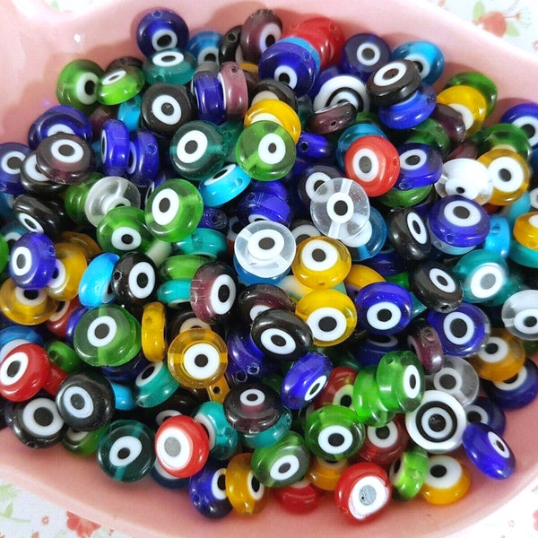 30/60 Assortiment de 10 mm de perles de verre rondes plates Evil Eye Perles de verre au chalumeau pour colliers Bracelets Fabrication de bijoux DIY UK