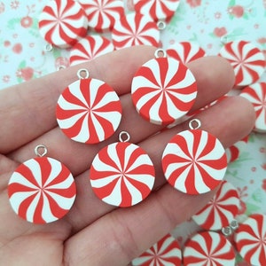 5/10 Swirly Red White Peppermint Candy Sweet Polymer Clay Charms Pendant Earring Craft Kawaii Jewellery DIY UK *NOT Edible* (Hook/No Hook))
