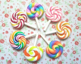 2/4 Quality Rainbow Swirly Candy Lollipop Sweet Polymer Clay Embellishment Decoden Cabochon Crafts Charm DIY UK *NOT Edible*