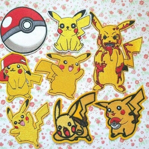 May include: A set of nine embroidered iron-on patches featuring various depictions of Pikachu, a popular Pokemon character. The patches include a classic Pikachu, a Pikachu wearing a hat, a zombie Pikachu, and a Pikachu holding a Pokeball. The patches are yellow with black outlines and red accents.