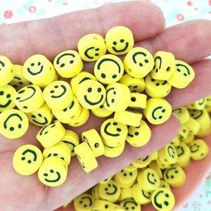 20/50/100pcs x 10mm Quality Cute Yellow Doodle Smiley Happy Face Polymer Clay Beads Stretchy Bracelet Jewellery Kids CRAFT UK *NOT Edible