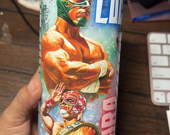 Luchador Design,Lucha Libre, Wrestling, 20oz Skinny Tumbler with Lid, Straw and Rubber Bottom.