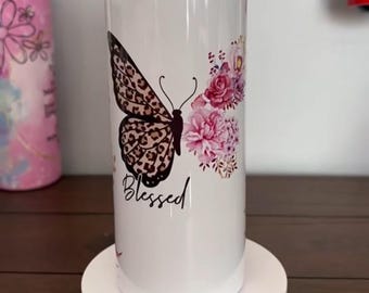 Blessed Butterfly design; Personalized 20oz Skinny Tumbler with Straw, lid and rubber bottom