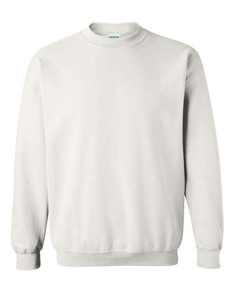 May include: A white crew neck sweatshirt with long sleeves.