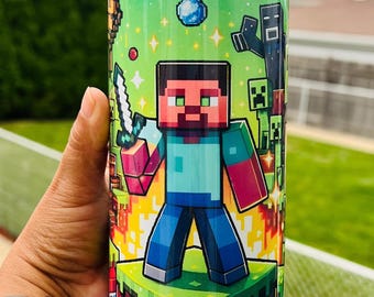Vaso térmico de acero inoxidable de 591 ml (20 oz) con diseño de personajes del juego Minecraft