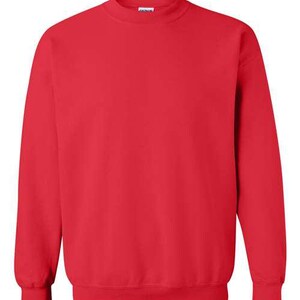 May include: A solid red crew neck sweatshirt with long sleeves and ribbed cuffs.