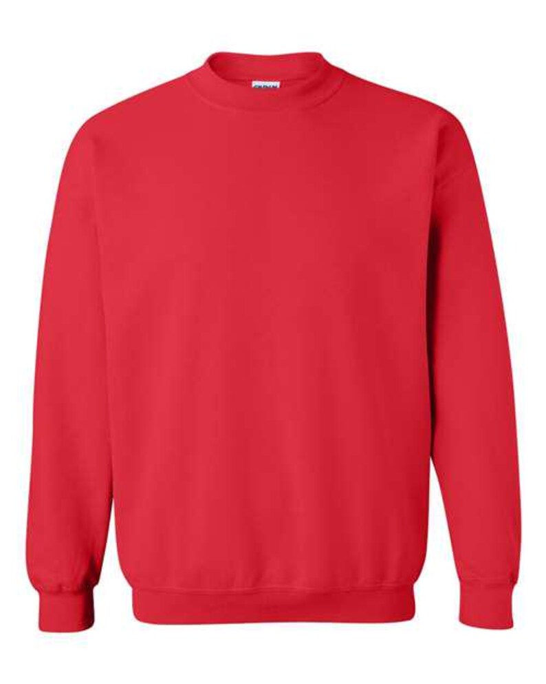 May include: A solid red crew neck sweatshirt with long sleeves and ribbed cuffs.