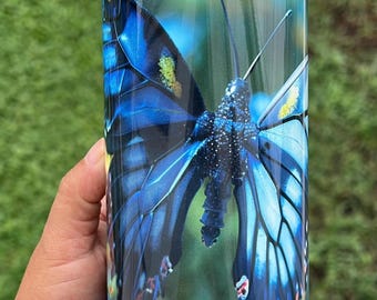 Blue Butterfly Tumbler, 20 oz Skinny Tumbler with plastic lid, Straw and rubber bottom