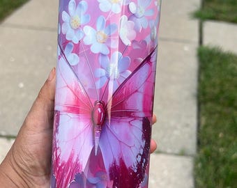 Pink Butterfly Floral 20oz Skinny Tumbler, Sublimation Ink Design