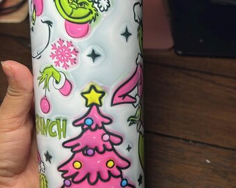 Grinch design;  20oz Skinny Tumbler with straw, rubber bottom and plastic lid