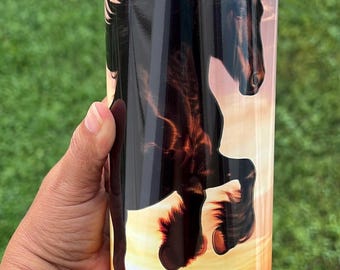 Black Stallion Wild Horse Sunset Tumbler: 20oz Stainless Steel Skinny Tumbler with Straw & Lid
