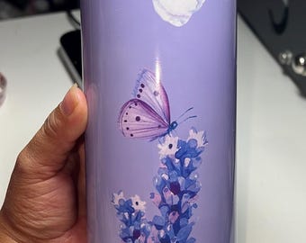 Personalized Floral Lavender Tumbler: Metal 20oz Skinny Tumbler with Rubber bottom and Straw