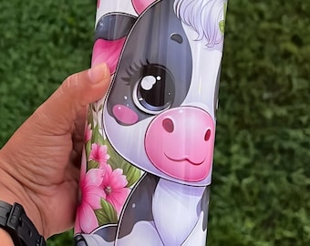 Cow Skinny Tumbler: 20oz Stainless Steel with Plastic Lid and Straw and Rubber bottom