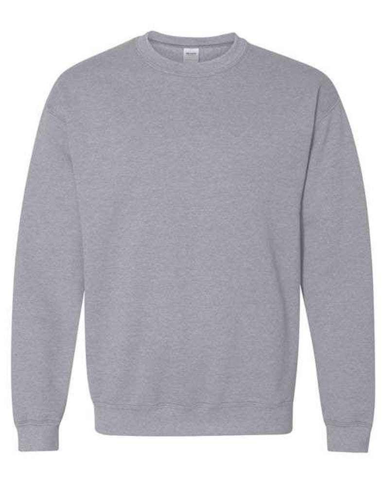 May include: A heather grey sweatshirt with long sleeves and a crew neck.