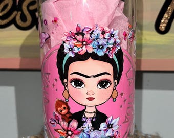 Frida Kahlo Libby Glass Can: 16oz Cup with Bamboo Lid & Straw