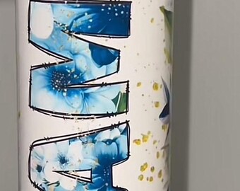 MAMA Blue Floral Design; 20oz Skinny Tumbler with Lid Straw and Rubber bottom