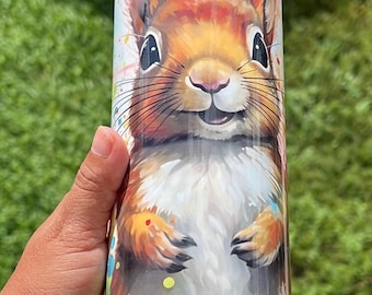 Squirrel Design Skinny Tumbler: 20oz Stainless Steel with Lid & Straw