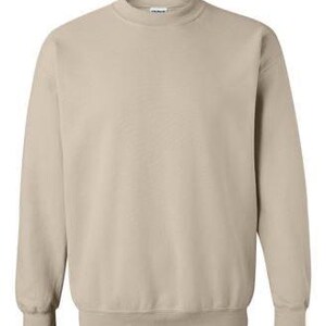May include: A plain, light beige sweatshirt with long sleeves and a crew neck.