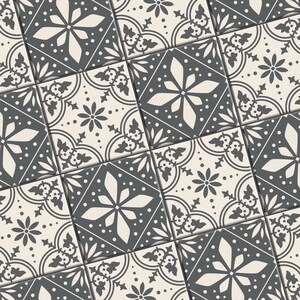 May include: A repeating pattern of square tiles with a floral design. The tiles are a light beige color with a dark gray floral pattern. The pattern includes stylized flowers, leaves, and dots, creating a symmetrical and decorative design.