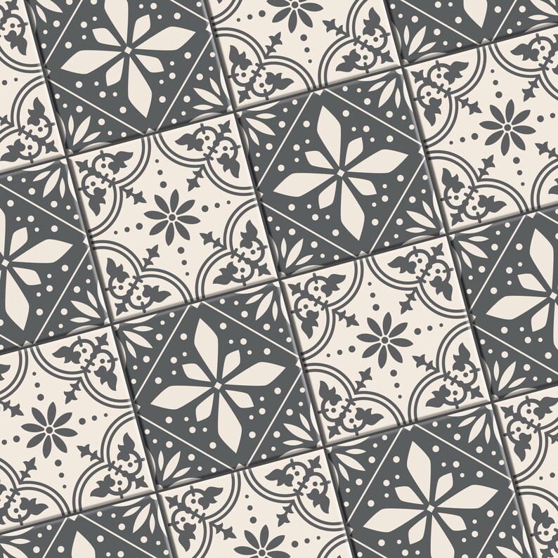 May include: A repeating pattern of square tiles with a floral design. The tiles are a light beige color with a dark gray floral pattern. The pattern includes stylized flowers, leaves, and dots, creating a symmetrical and decorative design.