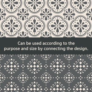 May include: Decorative seamless patterns in two styles. The top pattern features a floral design in gray on a cream background. The bottom pattern is a geometric diamond design in white on a gray background. Text: Can be used according to the purpose and size by connecting the design.