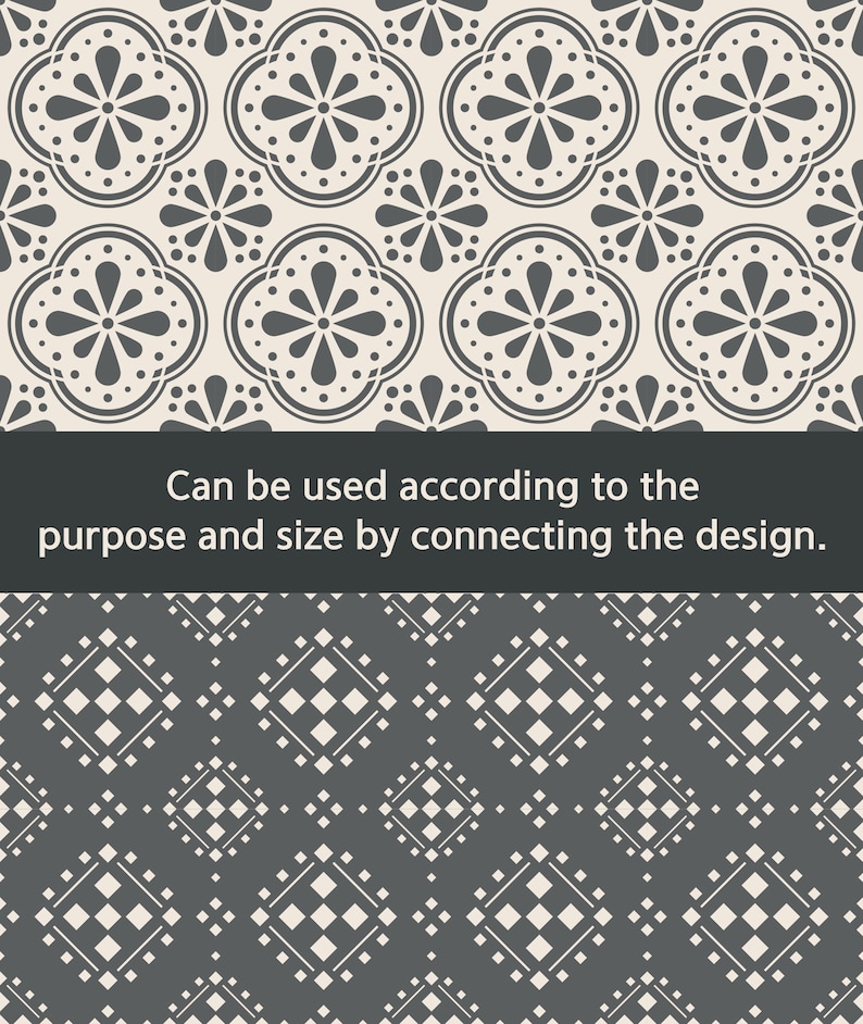 May include: Decorative seamless patterns in two styles. The top pattern features a floral design in gray on a cream background. The bottom pattern is a geometric diamond design in white on a gray background. Text: Can be used according to the purpose and size by connecting the design.