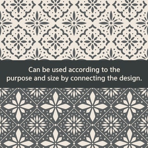 May include: Decorative floral pattern in two color schemes: cream and dark gray. The design features stylized flowers and geometric shapes. Text: "Can be used according to the purpose and size by connecting the design."
