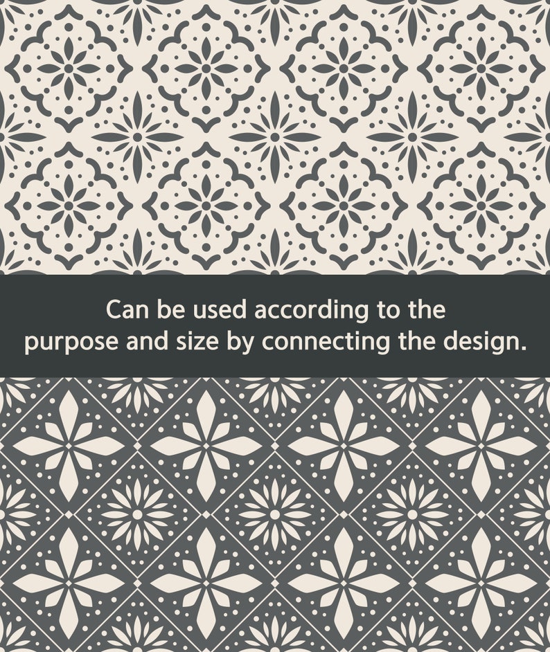 May include: Decorative floral pattern in two color schemes: cream and dark gray. The design features stylized flowers and geometric shapes. Text: "Can be used according to the purpose and size by connecting the design."