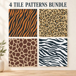 Può includere: Un pacchetto di 4 motivi per piastrelle con quattro design quadrati a stampa animale: strisce di tigre arancioni e nere, macchie di leopardo beige e nere, toppe di giraffa marroni e crema e strisce di zebra bianche e nere. Il testo 4 TILE PATTERNS BUNDLE è in alto.